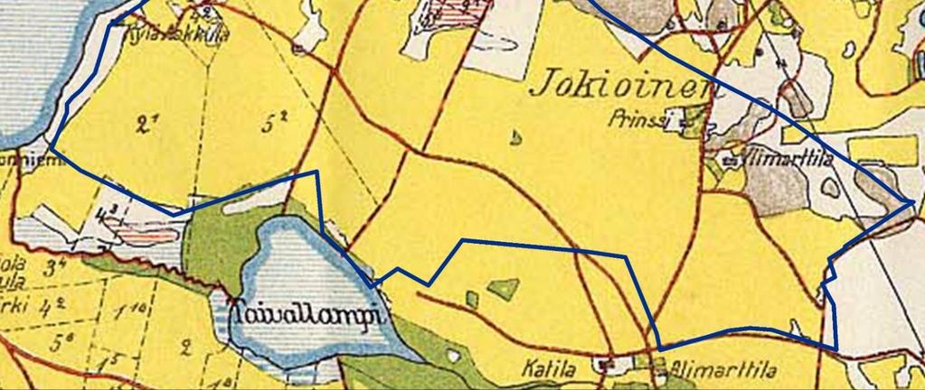 pitäjänkartasta, johon on merkitty ja nimetty alueen suurimmat talot sekä piirretty keskeiset tielinjat ja Herttualan, Jokioisten ja