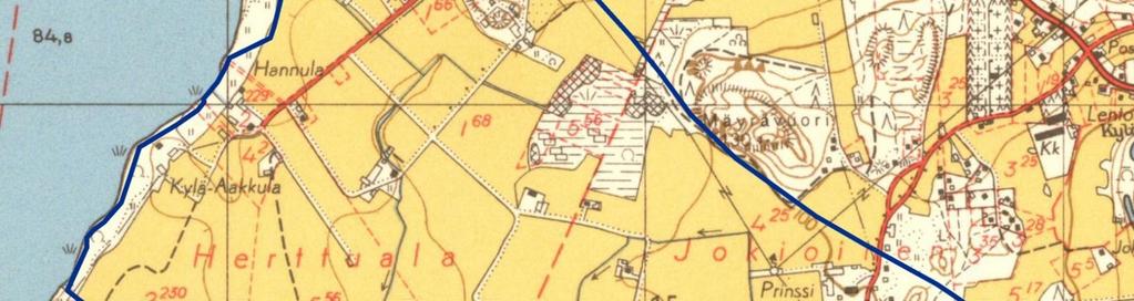 täydennys 2016 Ote vuoden 1953 peruskartasta, jossa näkyvät alueen vanhat maatilat, uudet 1940-50-luvun