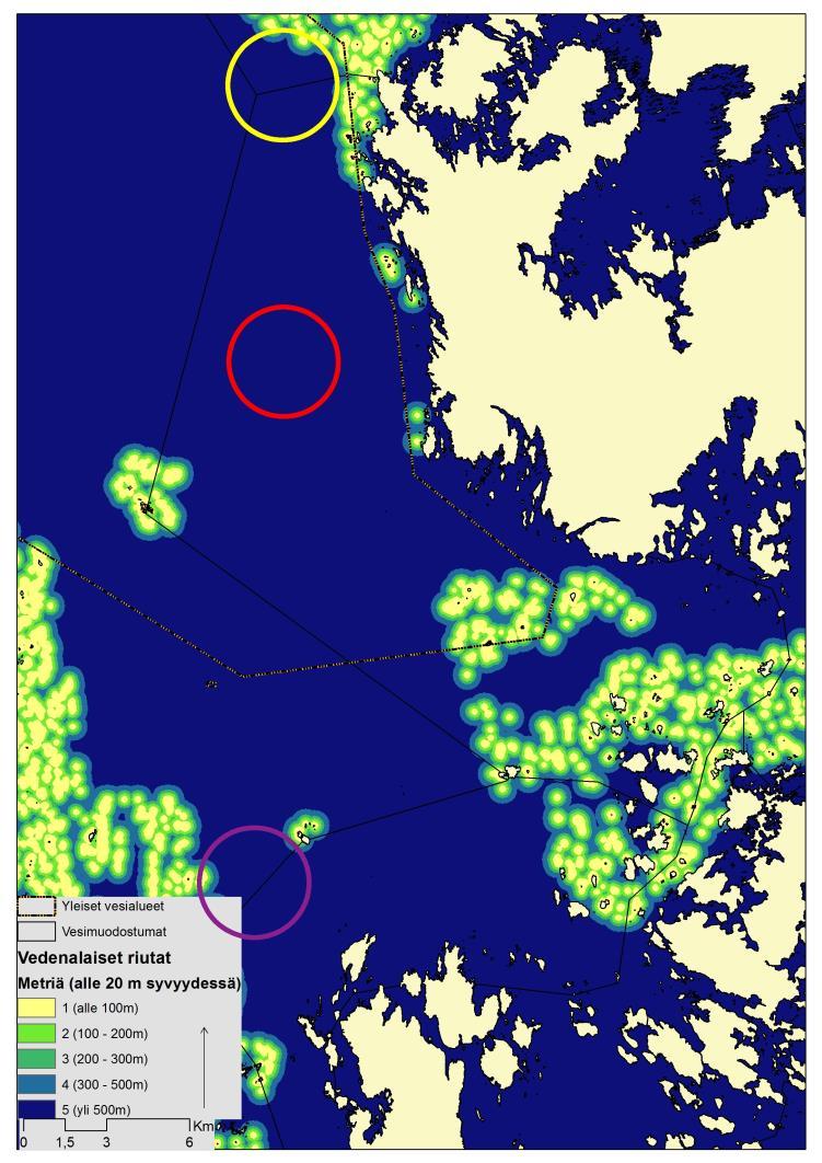 Ympäristöllinen 5: Etäisyys vedenalaisiin riuttoihin Natura 2000 SAC -alueilla Etäisyys Natura 2000 -alueen erityissuojelukohteeseen