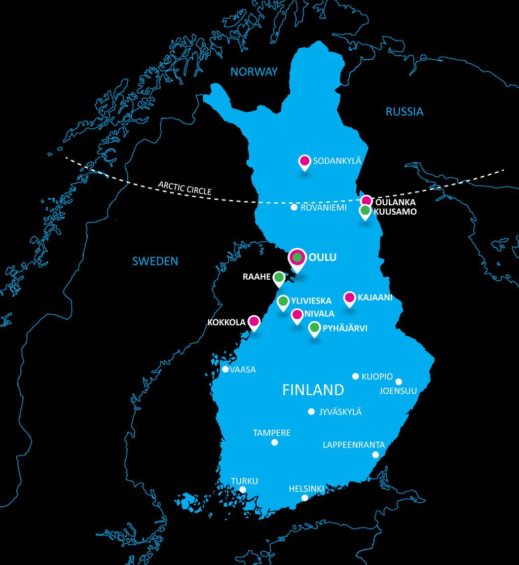 Oulun yliopisto Linnanmaa kampus, Oulu Kontinkankaan kampus, Oulu Sodankylän geofysiikan observatorio Oulangan tutkimusasema, Kuusamo Kajaanin