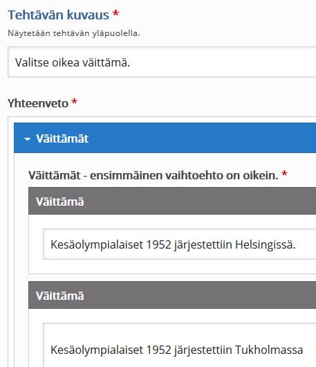 Sitten tarvitaan sopivat väittämät. Tässä esimerkki.