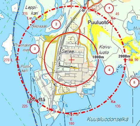 Etäisyydet tehdasalueelta 1. Puuluodon asutusalue noin 350 asukasta 2.