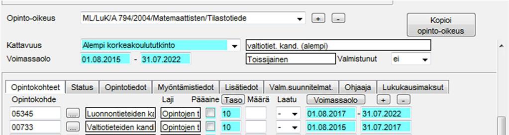 Oodi ilmoittaa: Opinto-oikeuteen liittyy saman tasoisia opintokohteita. Niiden lisääminen opintooikeuteen kuitenkin sallitaan. Vastaa ok. Alemman tutkinnon suoritusoikeus on nyt valmis.