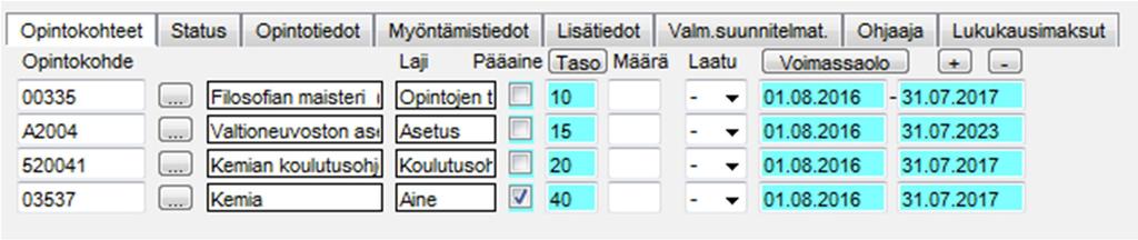 Lisäksi Opintotiedot päivitetään vastaamaan tavoitetutkintoa ja myöntämistiedot -välilehdelle vaihdetaan Myöntäjä -kohtaan tutkinnon vastuutiedekunta, jos ne ovat eri kuin alkuperäisellä