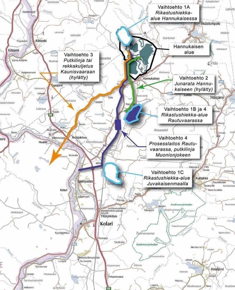 Kuva 7. Hankevaihtoehdot ympäristövaikutusten arviointiselostuksessa VE1a: Rikastushiekka-alue ja rikastamo sijaitsevat Hannukaisessa. Ylijäämävedet johdetaan Niesajokeen.