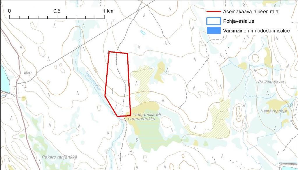 Kuva 11. Pohjavesialueet. Pohjaveden muodostumisalue on sininen alue ja pohjavesialue ulompi sininen viiva.