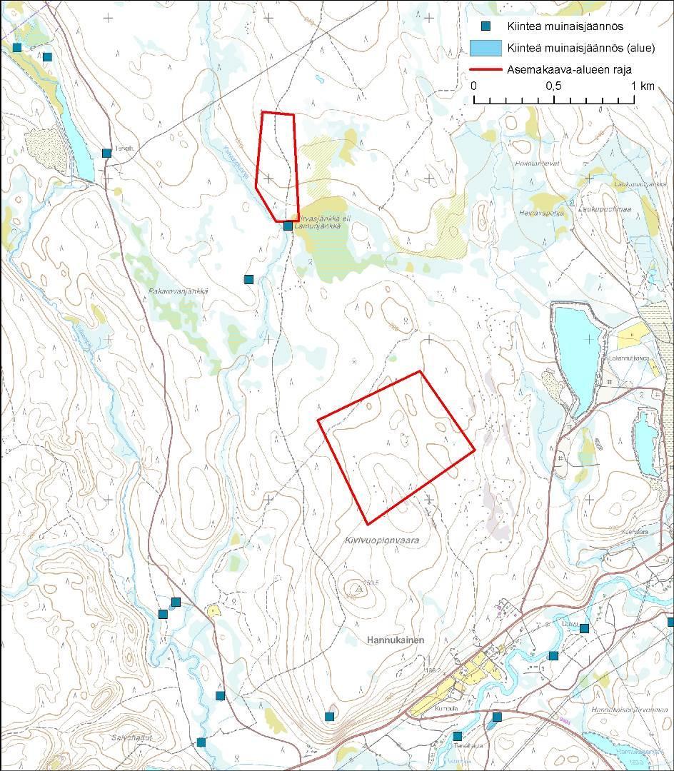 Kuva 19. Tunnetut kiinteät muinaisjäännökset kaava-alueiden ympäristössä. 2.4.