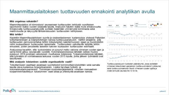 Esimerkkejä käyttötapauksista Aiemmin toteutetut käyttötapaukset kerätään käyttötapauskirjastoon, jota hyödynnetään tulevien käyttötapauksen toteuttamisessa.