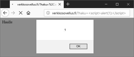 Kuva 6. Verkkosovellus.fi sivuston hakusivu. Ei-pysyvässä XSS-haavoittuvuudessa käyttäjän syötettä käytetään sivun sisällön luomiseen ilman syötteen tarkastamista.