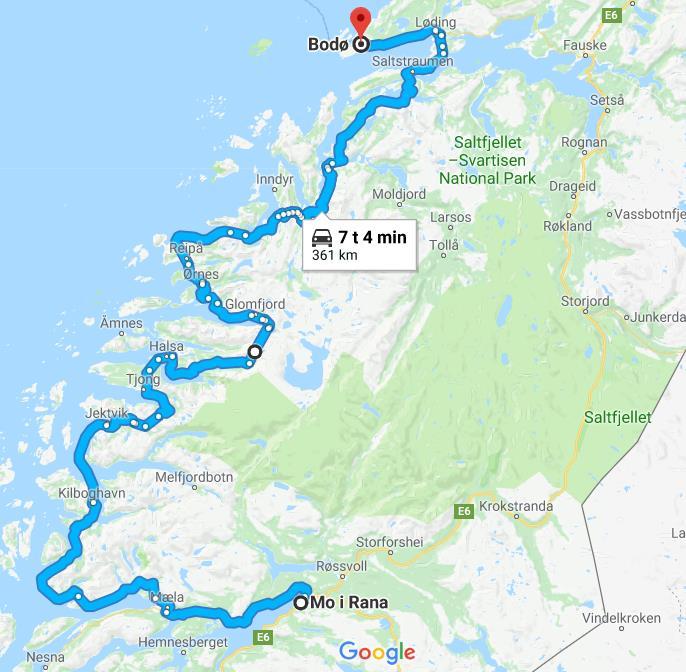 Reitti piirrettynä Googlella Toinen ryhmä tuli Mo i Ranaan toista reittiä, ensin Fauskeen ja siitä E6
