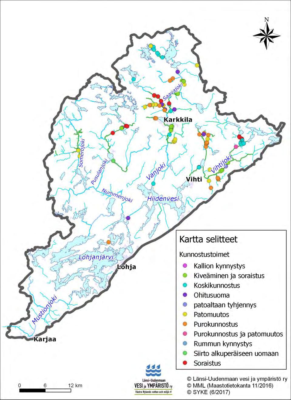 Kuva 11. Karjaanjoen vesistöalueella toteutetut (1987-2017) virtavesikunnostukset.