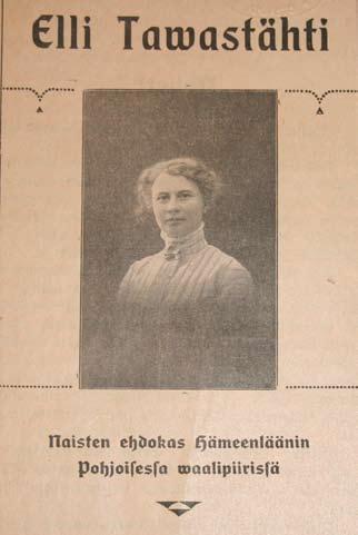 Helena Honka-Hallila Tawastintähti Vuoden 1919 eduskuntavaaleissa Elli Tavastähti Hämeen pohjoisesta vaalipiiristä mainosti itseään A5-kokoisella, taitetulla lentolehtisellä.