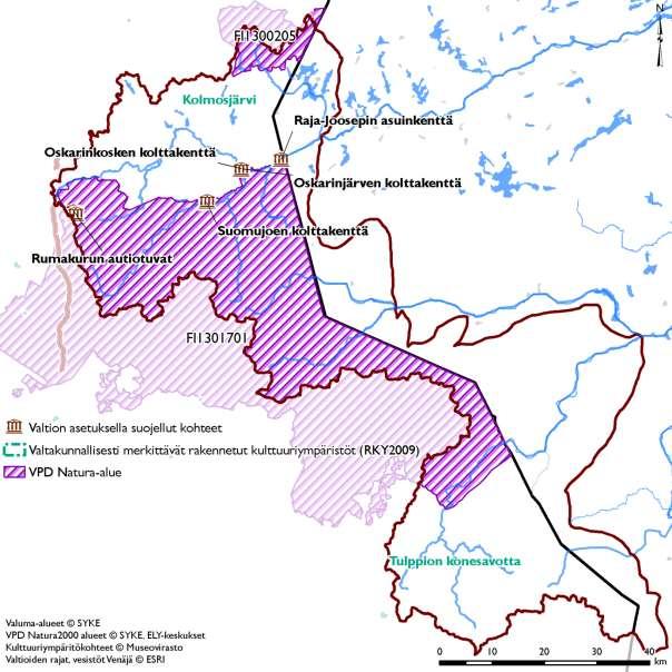 Kuva 12. Kulttuuriympäristökohteet ja vesienhoidon järjestämisen suojelualuerekisterin Natura2000 alueet Tuulomajoen vesistöalueella. 2.