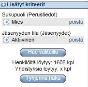 0-18-vuotiaat (ei siis rajaa pois pelkästään 0-18-vuotiaita miehiä) - Jos lisäät rajaaviin kriteereihin henkilöjäsenyys ja Ei Latu&Polku-lehteä, haku rajaa pois perusjoukosta kaikki henkilöjäsenet