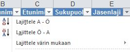 TIETOJEN MUKAAN Valitsemalla minkä tahansa sarakkeen suodatinnuolen, voit lajitella koko taulukon tiedot aakkosjärjestykseen tämän sarakkeen tietojen mukaisesti.