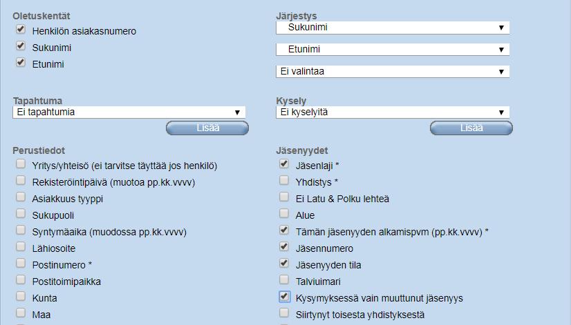 Yhdistyskäyttäjän tietopaketti 81/99 26.10.2017 6. Valitse exceliin tulostuvat kentät.