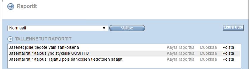Yhdistyskäyttäjän tietopaketti 88/99 26.10.2017 38 JÄSENTARRAT, RAJATTU POIS SÄHKÖISEN TIEDOTTEEN SAAJAT Tällä raporttihaulla muodostetaan paperisen tiedotteen saajat.