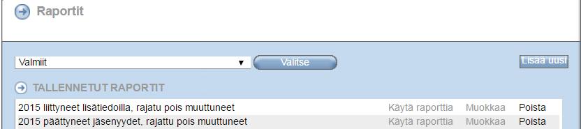Käytä raporttia saat suoraan Excel-raportin, johon tulostuu jäsenpalvelun määrittelemiä kenttiä. Valmiiseen Excel-raporttiin määritellyt kentät näet Käytä raporttia -toiminnon jälkeen.