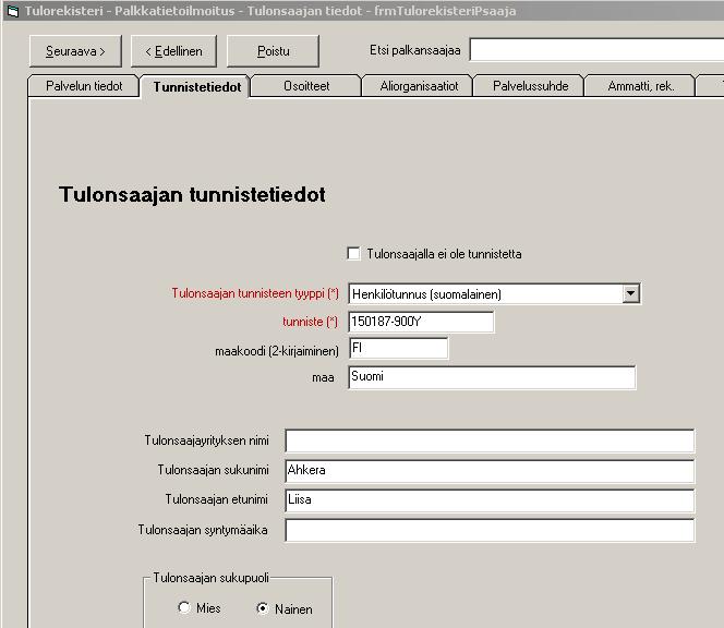 Palkansaajakohtaiset tiedot -Ohjelma täyttää tiedot pitkälti palkansaajakortiston perusteella. Täytä tai korjaa tiedot.