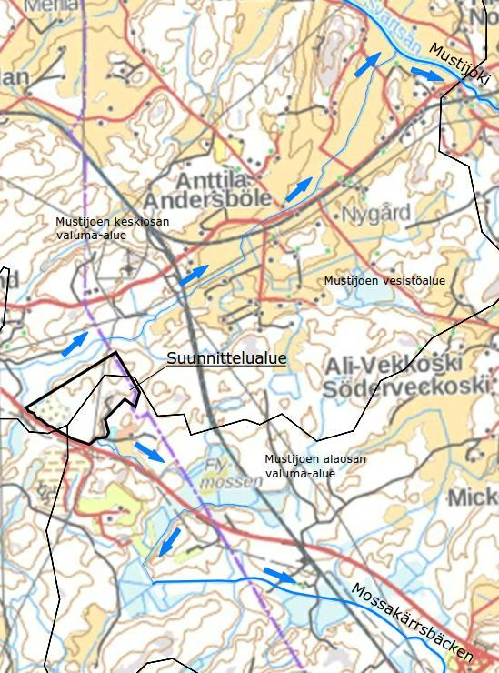 4 Kuva 4. Suunnittelualue valuma-alueet ja vesistöt. [MML 12/2016] 2.4 Hulevesiviemäriverkko Suunnittelualueella ei ole nykyistä vesihuoltoverkostoa.