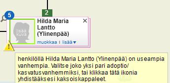 Sukupuunäytön kuvakkeet 2 Tämän sivun kuvakkeet ilmaantuvat profiiliin, kun sukupuussa on yhdistetty profiileja. Keltainen kolmio tarkoittaa, että profiilissa on ristiriitoja.