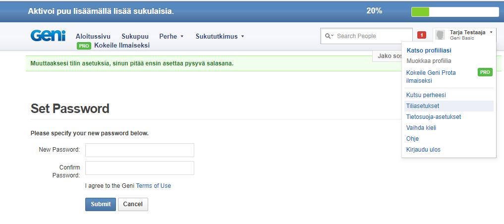Salasanan asettaminen Kun olet kirjautunut Geniin, niin aseta seuraavaksi salasanasi. Klikkaa esim.