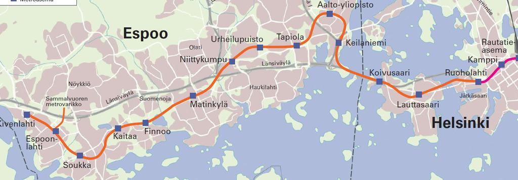 Länsimetro Oy rakentaa ja omistaa MATINKYLÄ KIVENLAHTI 7 kilometriä 5 uutta asemaa: Finnoo, Kaitaa, Soukka, Espoonlahti, Kivenlahti Varikko Sammalvuoreen