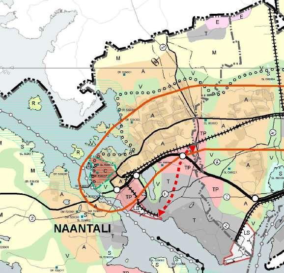 34 (85) Punainen viivamerkintä rajaa maakunnallisen tason kaupunkikehittämisen kohdealueen, johon Naantalin keskusta-alue kuuluu.