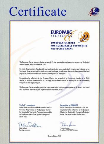 EUROPARC Federation Euroopan kansallispuistoliitto myönsi kansallispuistolle kestävän luontomatkailun sertifikaatin viisivuotiskaudeksi.
