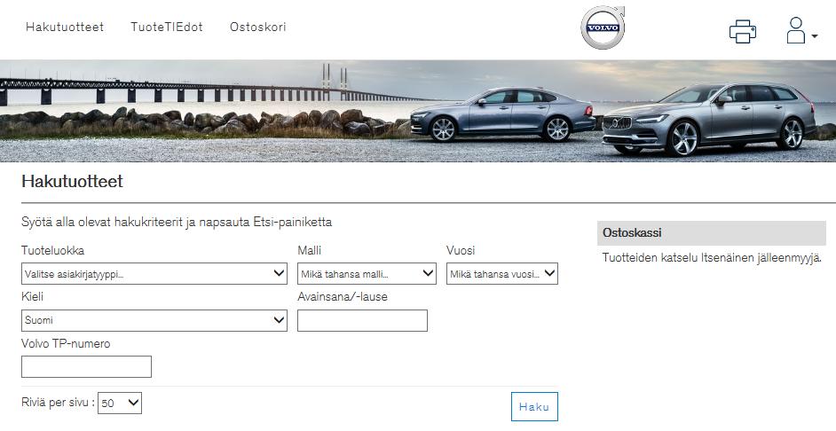 4 ETSI TUOTTEITA Etsi tuotteita -sivulta voidaan etsiä saatavilla olevia Volvo Cars -tietotuotteita ostamista varten.
