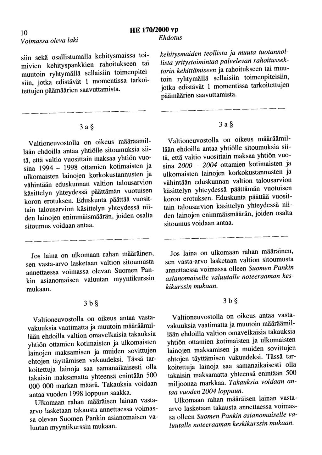 10 Voimassa oleva laki HE 170/2000 vp Ehdotus siin sekä osallistumalla kehitysmaissa toimivien kehityspankkien rahoitukseen tai muutoin ryhtymällä sellaisiin toimenpiteisiin, jotka edistävät 1