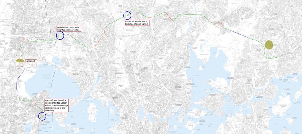 Sivuraiteiden toteutusmahdollisuudet Alustavissa tutkimuksissa selvitetty, että Vermoon ja Pirkkolaan on mahdollista sijoittaa sivuraiteet Pituus 2 x 45 m Sivuraiteen alustava kustannusarvio