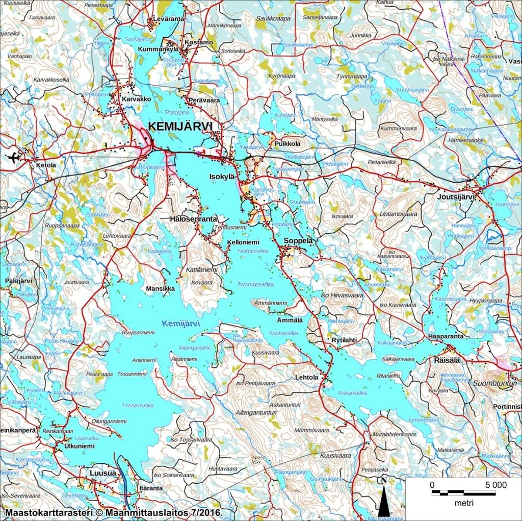 Kuva 6.6-1. Karttakuva vaikutusalueen vesistöstä. 6.6.1 Veden laatu Veden laadun kuvaus perustuu Kemijoen yhteistarkkailun tuloksiin (mm. Anttila ym. 2016 ja Ojala 2017).