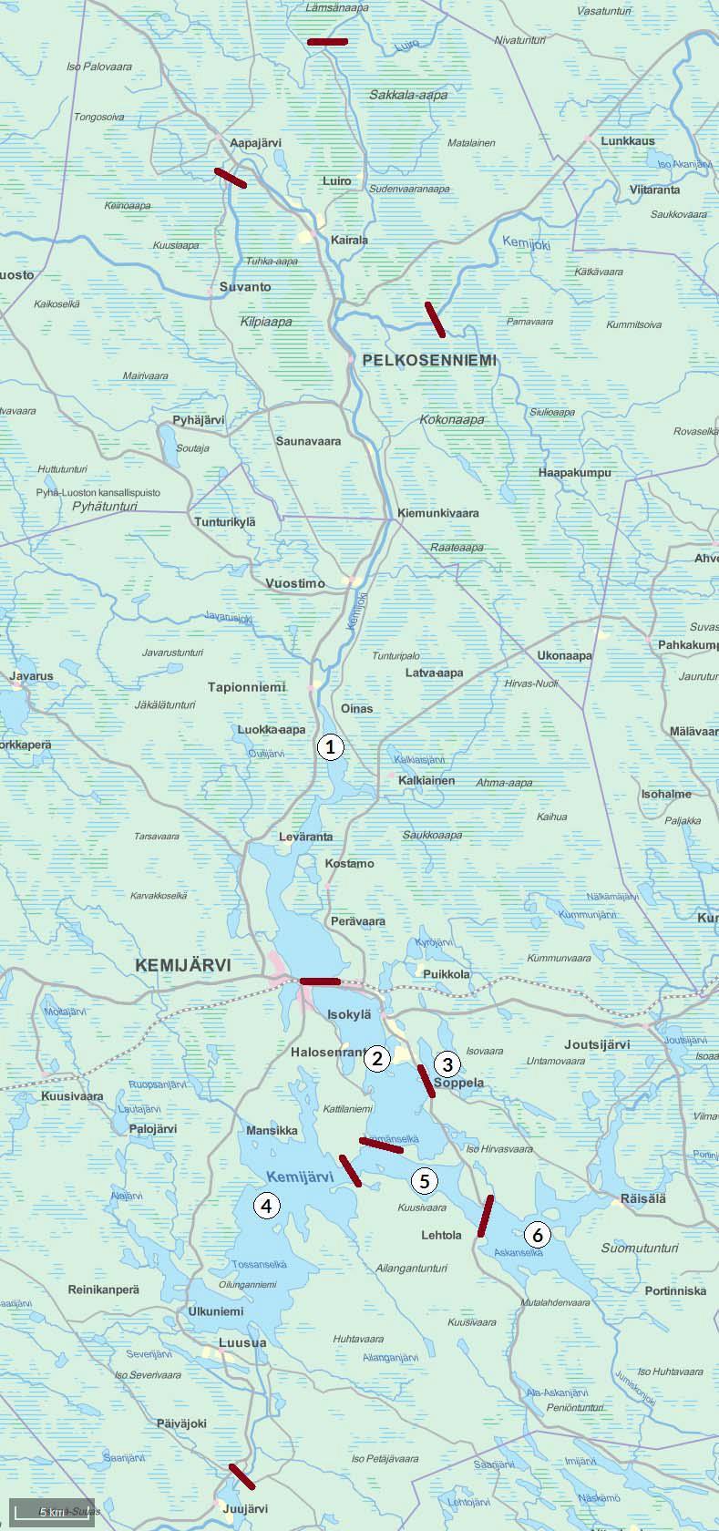 Kuva 6.7-4. Kemijärven maksuvelvoitetarkkailun osa-alueet rajoineen (muokattu kuvasta Paksuniemi 2016).