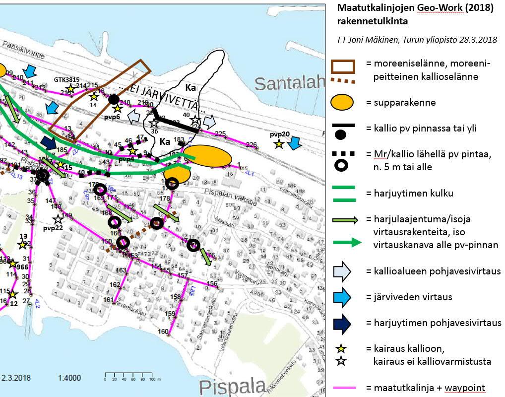 mahdollisesti hyvin kapeana, osin moreenipeitteisenä kynnyksenä linjan 13 alkuosasta Pispalan valtatien kohdalla linjan 11 pisteelle 180 (kuva 7, Liite 2).