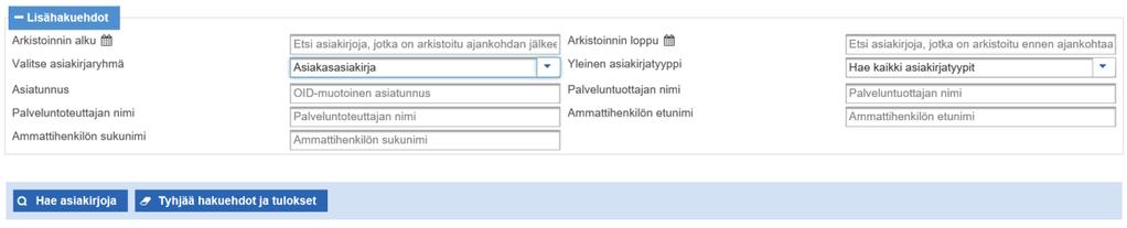 työnantajayrityksen Y-tunnus OID-muotoisena (esim. 1.2.246.10.1234567, jossa 1234567 on Y-tunnus ilman väliviivaa). Valittu asiakirjan tyyppi vaikuttaa näytettäviin lisähakuehtoihin.