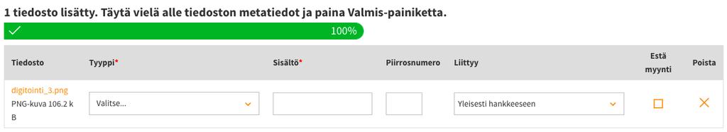 KUVA 16 ASIAKIRJOJEN METATIEDOTTAMINEN TAPAHTUU LIITTEEN LISÄÄMISEN YHTEYDESSÄ Hankkeelle skannatut liitteet lisätään Suunnitelmat ja liitteet -välilehdelle.