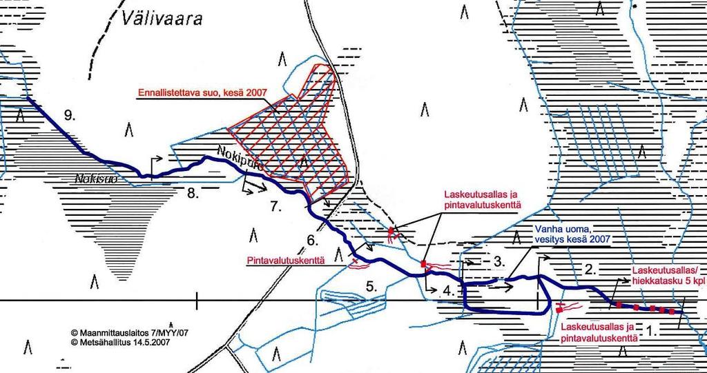 Nokipuro esim: purouoman ja valuma-alueen kunnostustoimet Restored peatland, 2007 Sediment ponds & overland-flow field Rewatering the dried