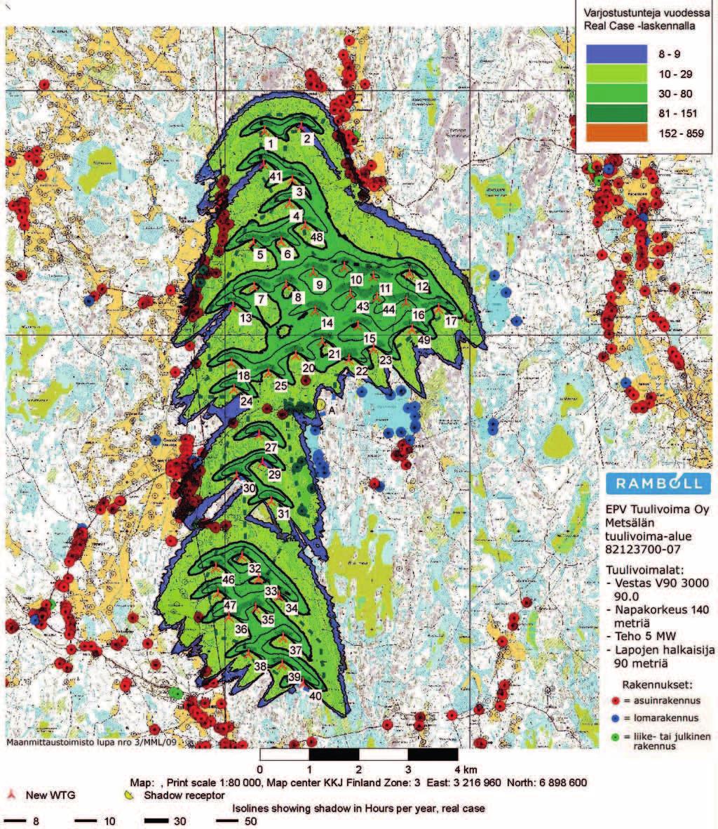 Kuva: Varjostusvaikutukset 140 m:n korkuisilla voimaloilla Olemassa olevien tuulivoimalaitosten läheisyydessä asuvat ihmiset kokevat varjostusilmiön (ns. vilkkuva varjo) hyvin eri tavoin.