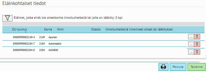 Ketjuinformaatiotiedot Teurasilmoituksen eläinrivien alla olevalla Seuraava -painikkeella aukeaa ketjuinformaatiokysymykset.