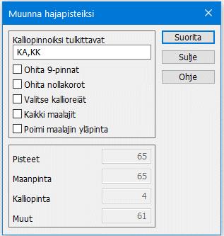 Lisäksi voidaan ohittaa pisteet, joiden pintatunnus on 9 tai joiden Z-koordinaatti on nolla (0.0). Pisteet kertoo kairatiedostossa olleiden kairapisteiden määrän.