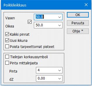 Avaa tämän jälkeen toiminto Maastomalli Mittalinja Tee ja vaihda hakutavaksi Taiteviiva. Aseta paaluväliksi 10 metriä ja näytä pääikkunasta tien keskilinjaa.