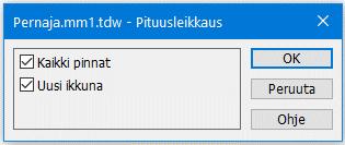 Kaikki pinnat ottaa mukaan kaikki pääikkunan elementti-listalla olevat maastomallit, joilla on Käytössä-rasti päällä. Uusi ikkuna avaa lasketut pituusleikkaukset suoraan uuteen pituusleikkausikkunaan.