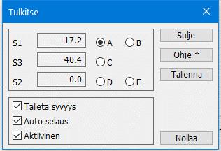 9.2 Tulkinta-toiminto Tulkinta-toiminnolla määritetään kustakin syvyydestä 5 pistettä, joista lasketaan tunnusluvut S1, S2 ja S3. 1-käyrältä näytetään pisteet A, B ja C.