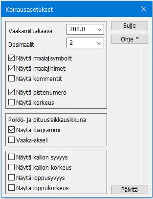 Desimaalit määräävät kairauksen ylä- ja alapään korkeuslukemien desimaalien määrän. Näytä maalajisymbolit määrää, näytetäänkö maalajisymbolit diagrammeissa.