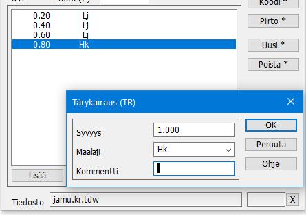 5. Kairapisteen lisäys Tyhjennä äsken luetut aineistot ruudulta ja luo uusi kairauselementti toiminnolla Kairaus Uusi tiedosto.