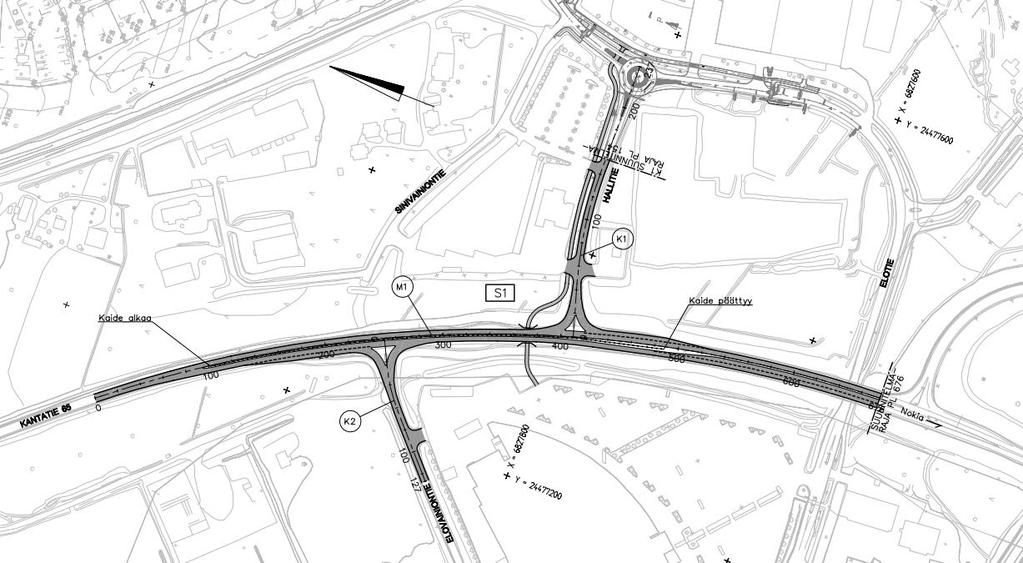 8 2.1.2 Vaihtoehto 2 Vaihtoehdossa 2 kantatien liittymäjärjestelyt ovat samanlaiset kuin vaihtoehdossa 1 eli suuntaisliittymät on suunniteltu nykyisten Elovainiontien ja Hallitien liittymien kohdalle.