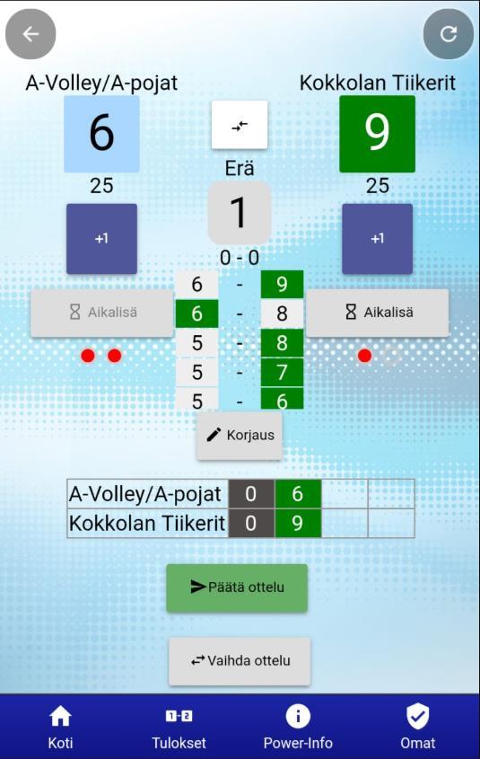 6. Aloita kirjurointi +1 pisteen lisäys Korjaus virheen korjaus Aikalisä aikalisän lisäys puolten vaihto 7. Erän päättäminen.