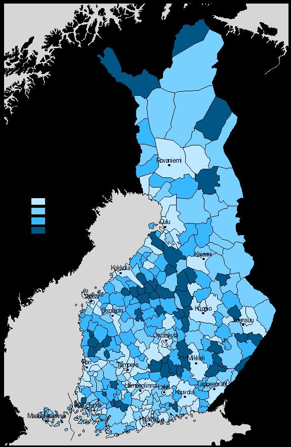 70,1-80,0 80,1-176,0 Kartassa on esitetty toimipaikkojen määrä tuhatta asukasta kohti eri kunnissa.