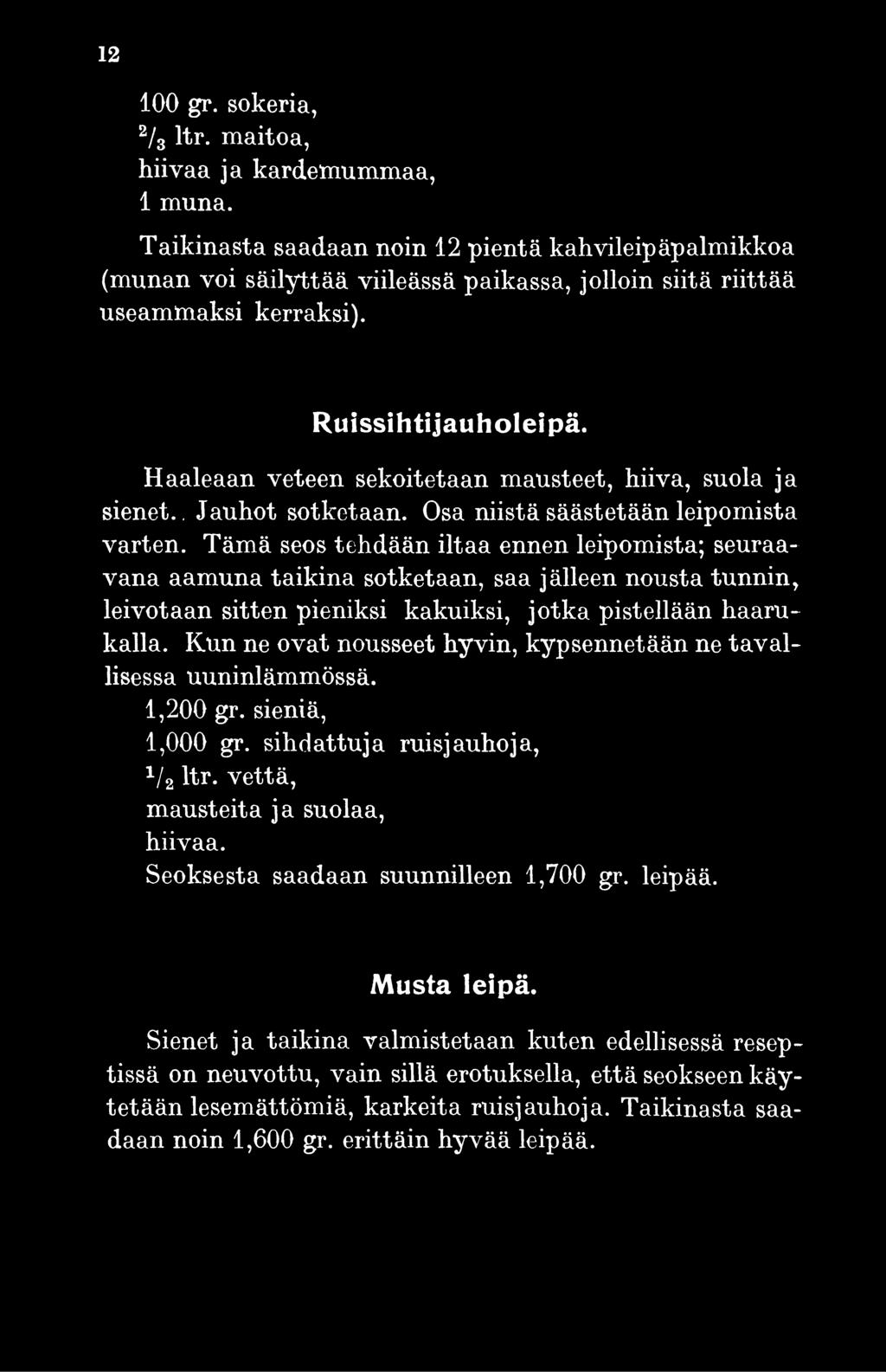 Haaleaan veteen sekoitetaan mausteet, hiiva, suola ja sienet.. Jauhot sotketaan. Osa niistä säästetään leipomista varten.
